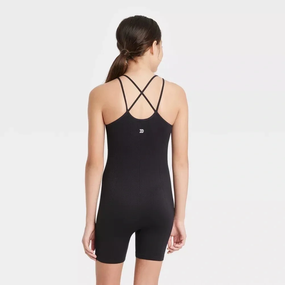 Girls Stretch Seamless Cross Back Strappy Biketard Leotard Black YXL NWOT